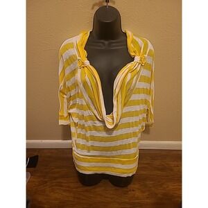 Womens Off the Shoulder Top Large White Yellow Striped Casual 3/4 Sleeve